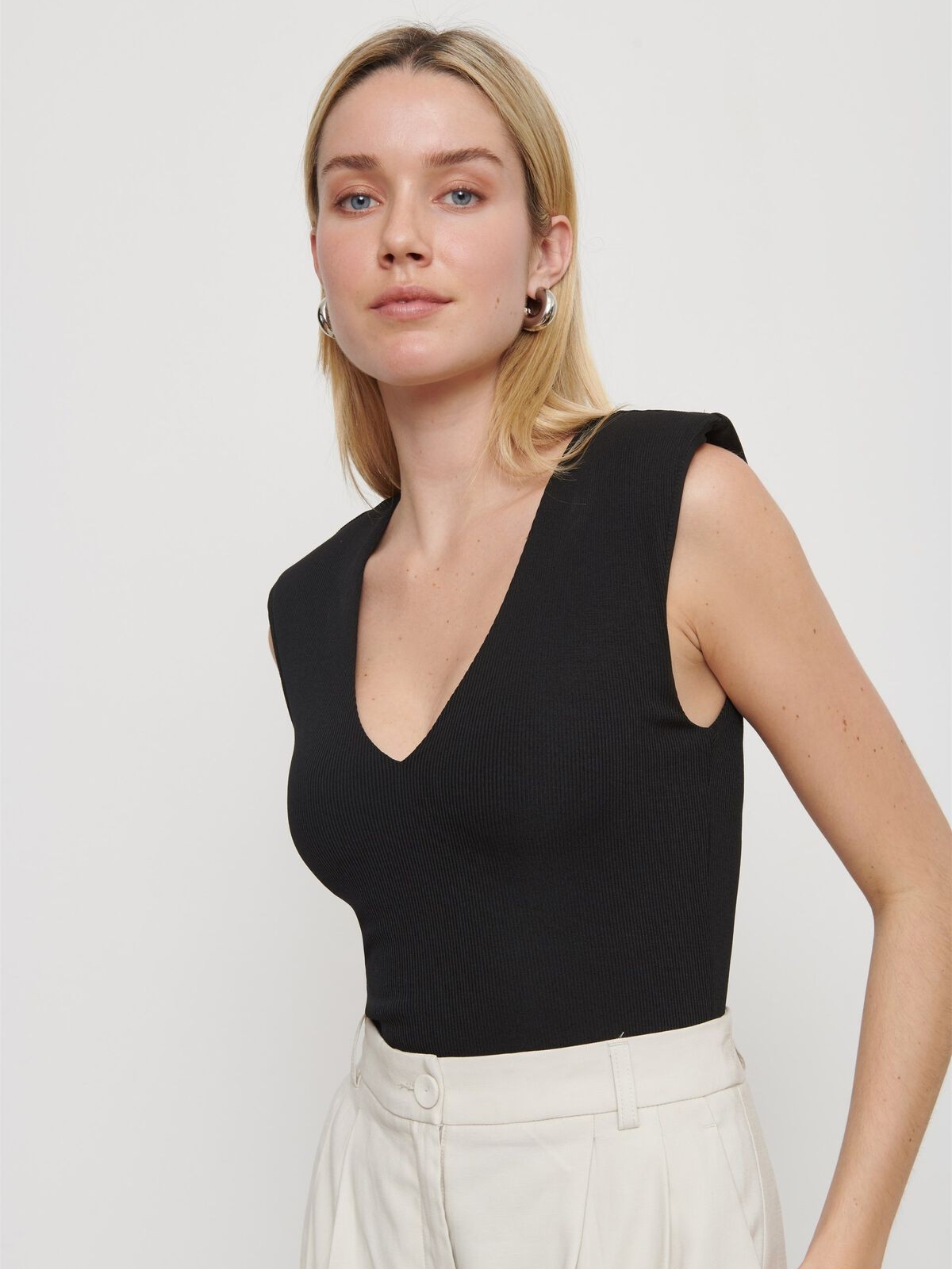 Afrm Ami Ribbed Stretch Bodysuit With Padded Shoulders